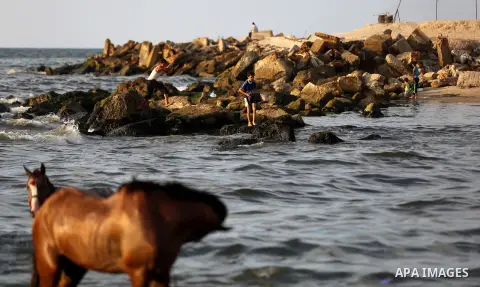 A Palestinian youth plays with his horse at the beach of the Mediterranean sea on the coast of Gaza city on August 9, 2017. Photo by Yasser Qudih