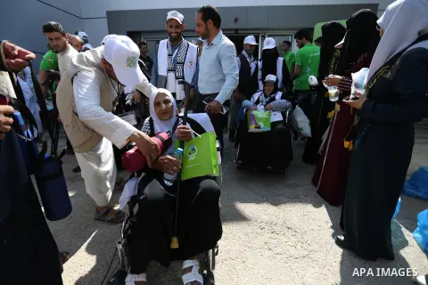 Palestinian Muslim pilgrims arrive at the Rafah border crossing between Egypt and the southern Gaza Strip, on August 14, 2017, ahead of their departure to the annual Hajj pilgrimage in Saudi Arabia's holy city of Mecca....
