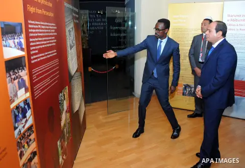 Egyptian President Abdel Fattah al-Sisi visits the Kigali Genocide Memorial in Kigali on August 15, 2017, shortly after his arrival for a visit. The Egyptian President is paying a two day visit to Rwanda. Photo by Egypti...