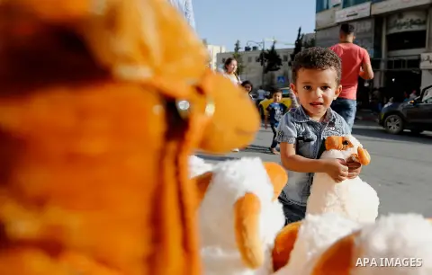 A Palestinian boy holds a at a market a sheep toy ahead of the Eid al-Adha festival in the West Bank city of Hebron, on August 21, 2017. Photo by Wisam Hashlamoun