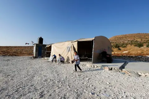 A view shows a tent where schoolchildren attend lessons after Israeli troops confiscated caravans used as school classrooms, due to the lack of an Israeli-issued construction permit, in the West Bank village of Jubbet Al...