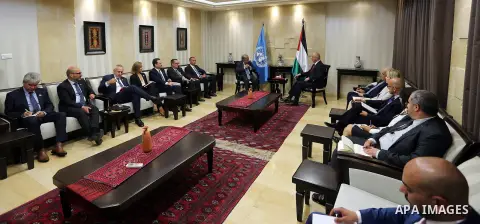 Palestinian Prime Minister Rami Hamdallah meets with United Nations Secretary-General Antonio Guterres, in the West Bank city of Ramallah, on August 29, 2017. Photo by Prime Minister Office