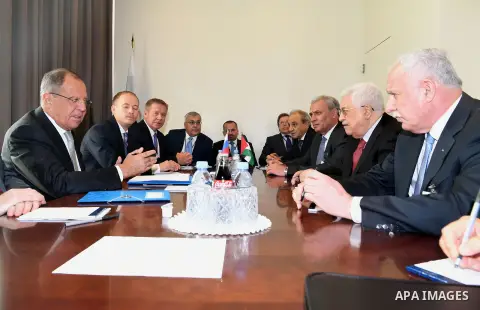 Palestinian President Mahmoud Abbas meets with Russian Foreign Minister Sergey Lavrov in New York City, U.S. on September 19, 2017. Photo by Osama Falah