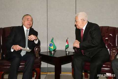Palestinian President Mahmoud Abbas meets with Brazilian President Michel Temer in New York City, U.S. on September 19, 2017. Photo by Osama Falah