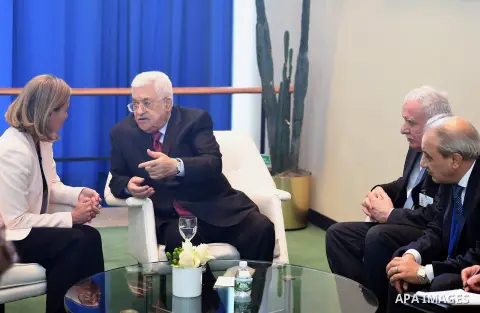 Palestinian President Mahmoud Abbas meets with the High Representative for Foreign Policy of the European Union, Federica Mogherini in New York City, U.S. on September 19, 2017. Photo by Osama Falah