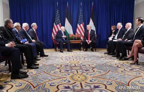 Palestinian President Mahmoud Abbas meets with US President Donald Trump in New York City, U.S. on September 19, 2017. Photo by Thaer Ghanaim