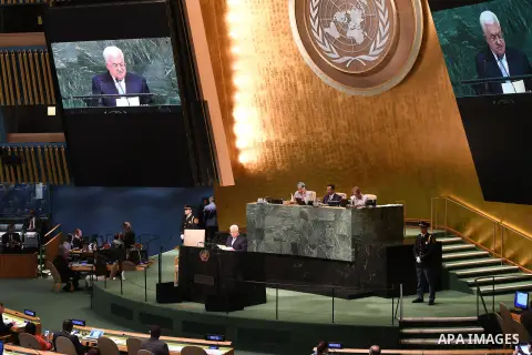 Palestinian President Mahmoud Abbas addresses the 72nd United Nations General Assembly at U.N. headquarters in New York, U.S., September 20, 2017. Photo by Thaer Ghanaim