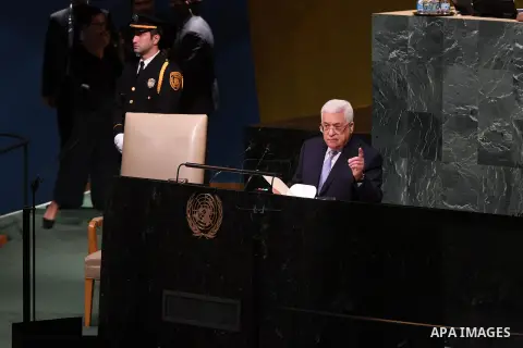 Palestinian President Mahmoud Abbas addresses the 72nd United Nations General Assembly at U.N. headquarters in New York, U.S., September 20, 2017. Photo by Thaer Ghanaim