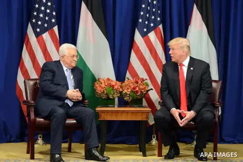 Palestinian President Mahmoud Abbas meets with US President Donald Trump in New York City, U.S. on September 19, 2017. Photo by Thaer Ghanaim