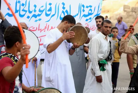 Egyptian Sufi Muslims practice ritualized Zikr (invocation) to celebrate the New Islamic Hijri year 1439 in front of al-Hussein mosque at Al-Azhar district in old Islamic Cairo, Egypt, on September 22, 2017. Photo by Amr...