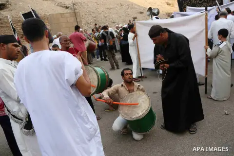 Egyptian Sufi Muslims practice ritualized Zikr (invocation) to celebrate the New Islamic Hijri year 1439 in front of al-Hussein mosque at Al-Azhar district in old Islamic Cairo, Egypt, on September 22, 2017. Photo by Amr...