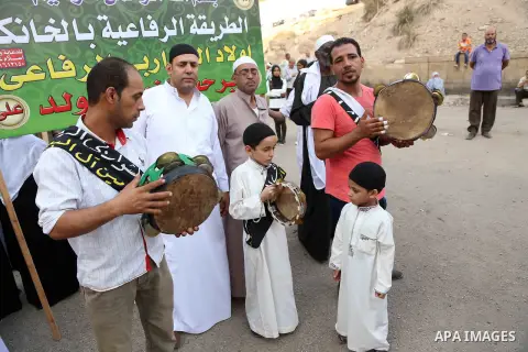 Egyptian Sufi Muslims practice ritualized Zikr (invocation) to celebrate the New Islamic Hijri year 1439 in front of al-Hussein mosque at Al-Azhar district in old Islamic Cairo, Egypt, on September 22, 2017. Photo by Amr...