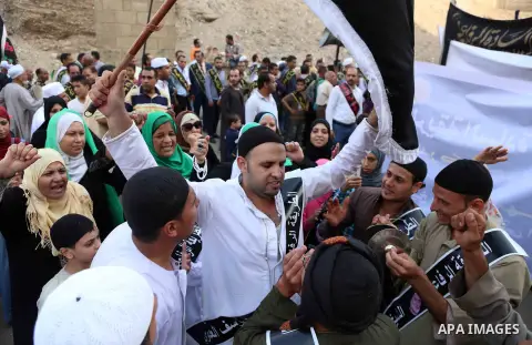 Egyptian Sufi Muslims practice ritualized Zikr (invocation) to celebrate the New Islamic Hijri year 1439 in front of al-Hussein mosque at Al-Azhar district in old Islamic Cairo, Egypt, on September 22, 2017. Photo by Amr...