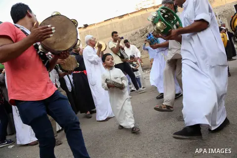 Egyptian Sufi Muslims practice ritualized Zikr (invocation) to celebrate the New Islamic Hijri year 1439 in front of al-Hussein mosque at Al-Azhar district in old Islamic Cairo, Egypt, on September 22, 2017. Photo by Amr...
