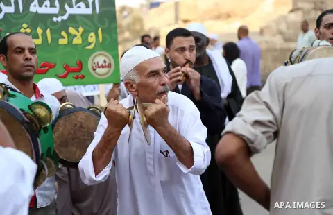 Egyptian Sufi Muslims practice ritualized Zikr (invocation) to celebrate the New Islamic Hijri year 1439 in front of al-Hussein mosque at Al-Azhar district in old Islamic Cairo, Egypt, on September 22, 2017. Photo by Amr...