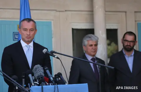 Nikolay Mladenov, United Nations Special Coordinator for the Middle East Peace Process, speaks during a press conference, in Gaza city on September 25, 2017. Photo by Mohammed Asad