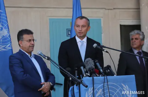 Nikolay Mladenov, United Nations Special Coordinator for the Middle East Peace Process, speaks during a press conference, in Gaza city on September 25, 2017. Photo by Mohammed Asad