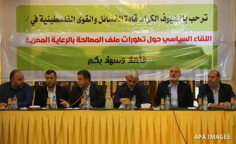 Hamas Chief Ismail Haniyeh and Yahya Sinwar the new leader of the Hamas Islamist movement in the Gaza Strip attend a meeting with leaders of Palestinian factions in Gaza City on September 25, 2017. Photo by Mohammed Asad