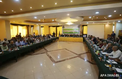 Hamas Chief Ismail Haniyeh and Yahya Sinwar the new leader of the Hamas Islamist movement in the Gaza Strip attend a meeting with leaders of Palestinian factions in Gaza City on September 25, 2017. Photo by Mohammed Asad