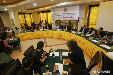Leader of the Hamas Islamist movement, Yahya Sinwar in the Gaza Strip attends a meeting in Gaza City on September 28, 2017. Photo by Mohammed Asad