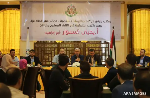 Leader of the Hamas Islamist movement, Yahya Sinwar in the Gaza Strip attends a meeting in Gaza City on September 28, 2017. Photo by Mohammed Asad