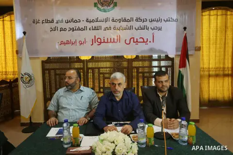 Leader of the Hamas Islamist movement, Yahya Sinwar in the Gaza Strip attends a meeting in Gaza City on September 28, 2017. Photo by Mohammed Asad