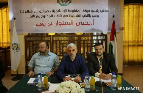 Leader of the Hamas Islamist movement, Yahya Sinwar in the Gaza Strip attends a meeting in Gaza City on September 28, 2017. Photo by Mohammed Asad