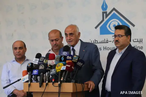 Head of independent personalities gathered, Munib al-Masri, speaks during a press conference to announce the "Chinese initiative" economic and political reconstruction, in Gaza city, on October 1, 2017. Photo by Mohammed...