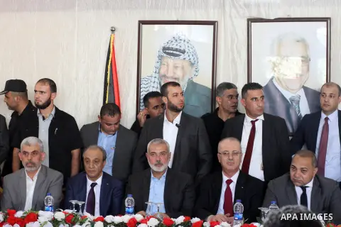 Palestinian Prime Minister Rami Hamdallah meets with Hamas' overall leader Ismail Haniya and Egyptian mediatoer in Gaza city on October 2, 2017. Palestinian prime minister Rami Hamdallah arrived in Gaza for his first vis...