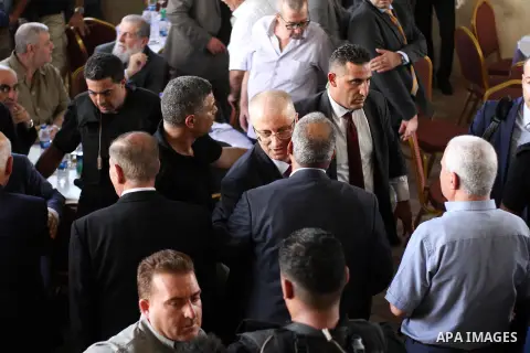 Palestinian Prime Minister Rami Hamdallah meets with Hamas' overall leader Ismail Haniya and Egyptian mediatoer in Gaza city on October 2, 2017. Palestinian prime minister Rami Hamdallah arrived in Gaza for his first vis...