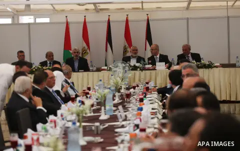 Hamas Chief Ismail Haniyeh meets with Palestinian Prime Minister Rami Hamdallah in Gaza City, October 3, 2017. Hamdallah arrived in Gaza for his first visit in two years, saying the Palestinian Authority would assume con...