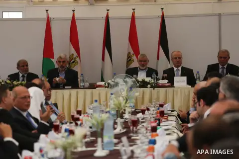 Hamas Chief Ismail Haniyeh meets with Palestinian Prime Minister Rami Hamdallah in Gaza City, October 3, 2017. Hamdallah arrived in Gaza for his first visit in two years, saying the Palestinian Authority would assume con...