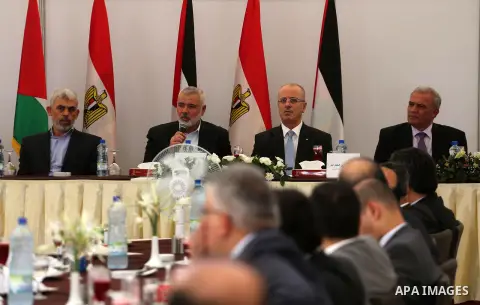 Hamas Chief Ismail Haniyeh meets with Palestinian Prime Minister Rami Hamdallah in Gaza City, October 3, 2017. Hamdallah arrived in Gaza for his first visit in two years, saying the Palestinian Authority would assume con...