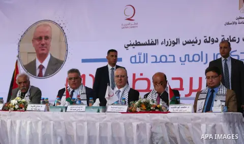 Palestinian Prime Minister Rami Hamdallah attends the opening ceremony of al-Zafer building, which was destroyed during the recent Israeli war on Gaza Strip, in Gaza city on October 3, 2017. Photo by Yasser Qudih