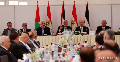 Hamas Chief Ismail Haniyeh meets with Palestinian Prime Minister Rami Hamdallah in Gaza City, October 3, 2017. Hamdallah arrived in Gaza for his first visit in two years, saying the Palestinian Authority would assume con...