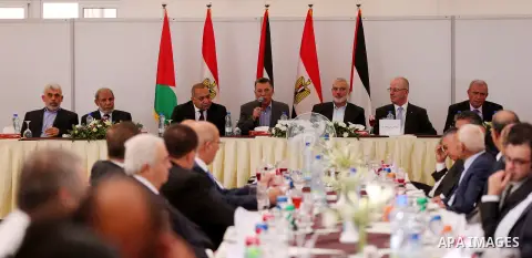 Hamas Chief Ismail Haniyeh meets with Palestinian Prime Minister Rami Hamdallah in Gaza City, October 3, 2017. Hamdallah arrived in Gaza for his first visit in two years, saying the Palestinian Authority would assume con...