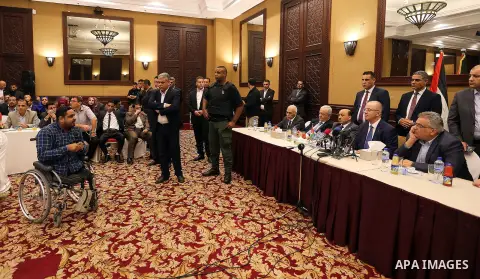 Palestinian Prime Minister Rami Hamdallah meets with Palestinian youths in Gaza city on October 4, 2017. For three days it was all smiles as the Palestinian prime minister held talks in Gaza with Hamas but as the symboli...