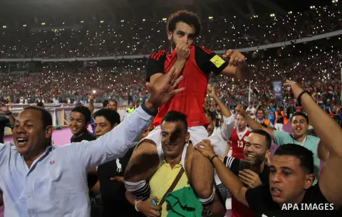 Egypt's Mohamed Salah celebrates after winning the 2018 FIFA World Cup qualification match between Egypt and Congo at the Borg El-Arab Stadium in Alexandria, Egypt, Oct. 8, 2017. Egypt won 2-1 and qualified to the World...