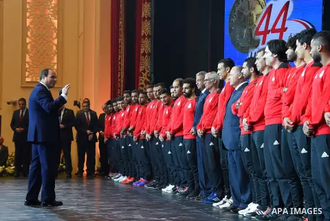 Egyptian President Abdel Fattah al-Sisi honors players of his country's national football team in Cairo, following their win over Congo and securing a place at the 2018 World Cup in Russia, on October 9,2017. Egypt last...