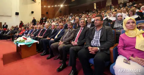 Palestinian Prime Minister, Rami Hamdallah, attends the graduation ceremony of the 17th group of students of the Faculty of Ibn Sina for Health Sciences, in the West Bank city of Ramallah, on October 18, 2017. Photo by P...