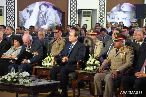 Egyptian President Abdel Fattah al-Sisi attends a presentation at El Alamein War Cemetary, during a ceremony marking 75 years since the pivotal WWII battle in the Egyptian Mediterranean town of the same name, about 100 k...