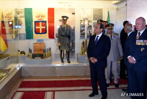 Egyptian President Abdel Fattah al-Sisi looks on at Alamein Military Museum, during a ceremony marking 75 years since the pivotal WWII battle, in the Egyptian Mediterranean town of the same name, about 100 kilometres (62...