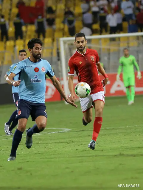 Egypt's Al-Ahly and Wydad Casablanca players compete during the CAF Champions League final football match between Al-Ahly vs Wydad Casablanca at the Borg El Arab Stadium in Alexandria on October 28, 2017. Photo by String...