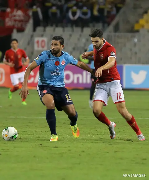 Egypt's Al-Ahly and Wydad Casablanca players compete during the CAF Champions League final football match between Al-Ahly vs Wydad Casablanca at the Borg El Arab Stadium in Alexandria on October 28, 2017. Photo by String...
