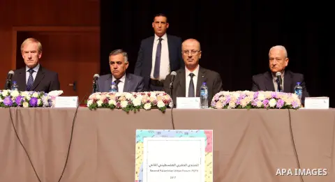 Palestinian Prime Minister Rami Hamdallah, attends the Second Palestinian Urban Forum, in the West Bank city of Ramallah, on October 30, 2017. Photo by Prime Minister Office