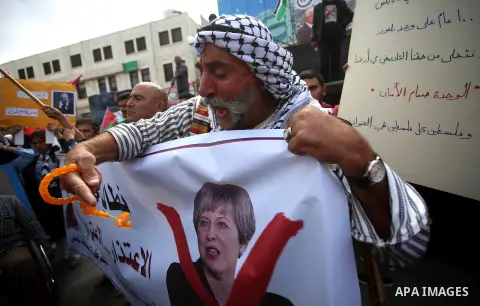 Palestinians take part in a protest against the 100th anniversary of Britain's Balfour Declaration in the West Bank city of Nablus on November 2, 2017, which helped lead to Israel's creation and the Israeli-Palestinian c...