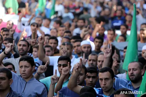 Palestinian supporters of Hamas movement take part in a protest against the 100th anniversary of Britain's Balfour Declaration in Gaza city on November 3, 2017, which helped lead to Israel's creation and the Israeli-Pale...