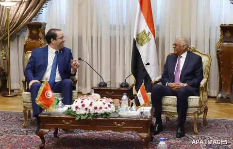Speaker of Egypt's parliament, Ali Abdel-Al meets with Tunisian Prime Minister Youssef Chahed, in Cairo, Egypt, on November 12, 2017. Photo by Stranger