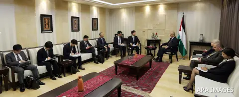 Palestinian Prime Minister Rami Hamdallah meets with national security adviser to Japanese Prime Minister Kintaro Sonora at his office in the West Bank city of Ramallah on November 13, 2017. Photo by Prime Minister Offic...