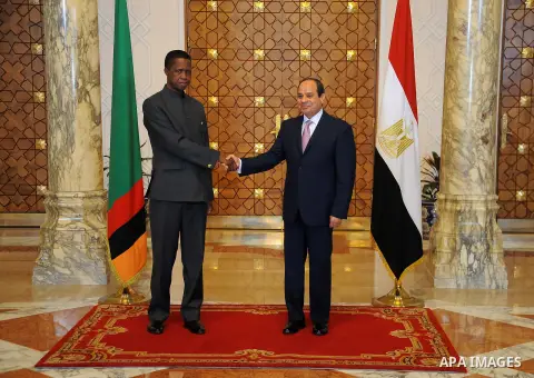 Egyptian President Abdel Fattah al-Sisi shakes hands with Edgar Chagwa Lungu, President of the Republic of Zambia in Cairo, Egypt, on November 14, 2017. Photo by Egyptian President Office
